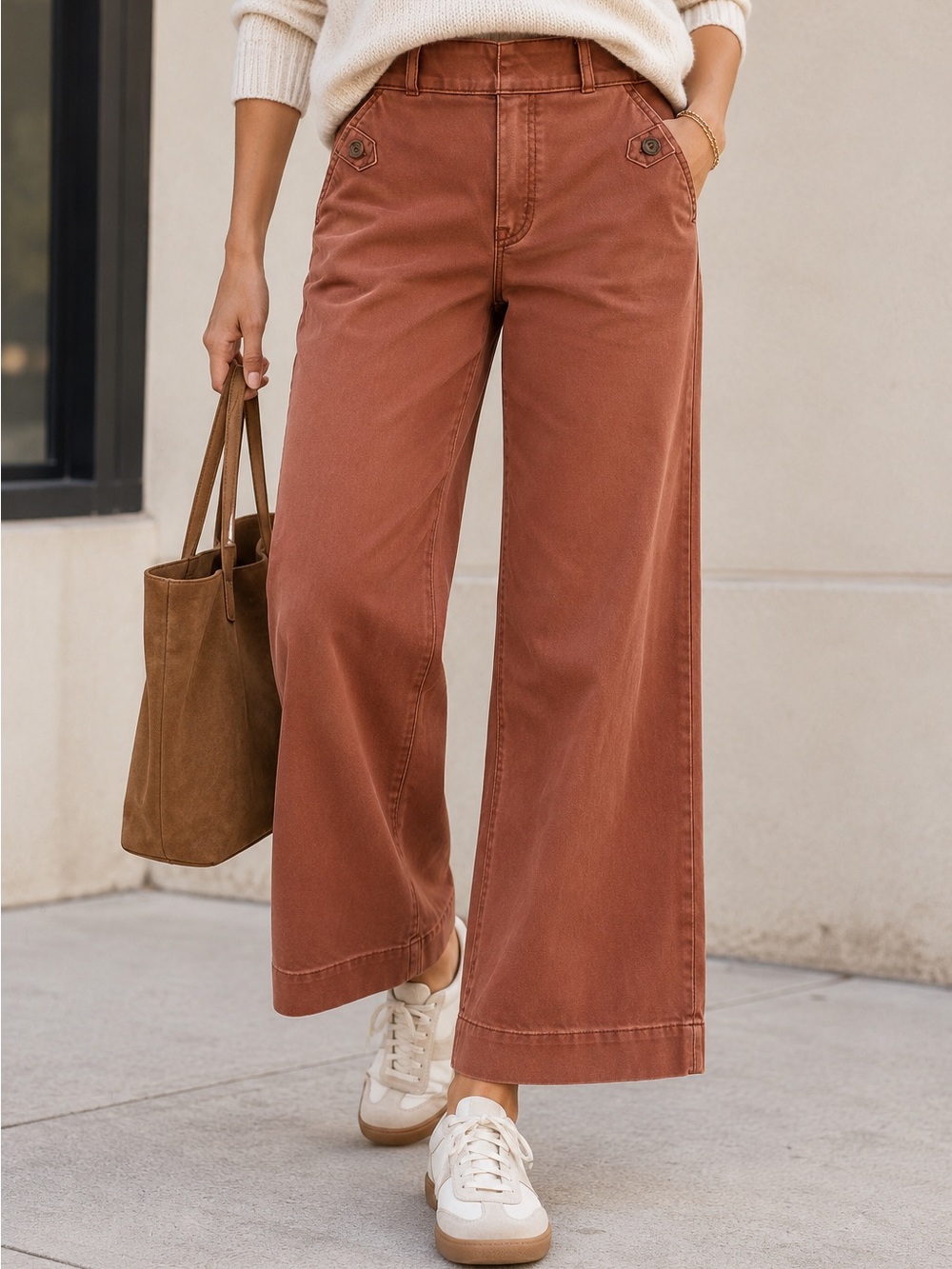 Spanx Wide-Leg Cotton Twill Pants in Rust Brown - M